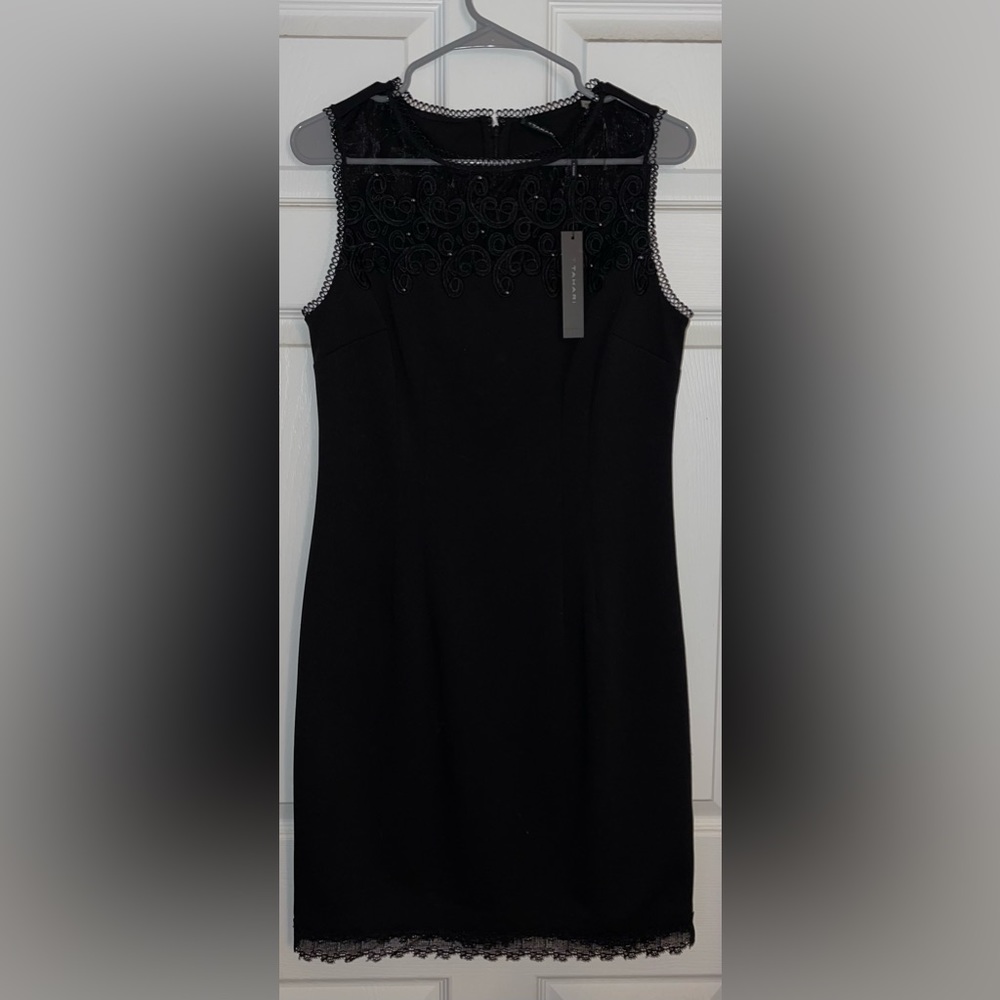 Tahari Dress Midi Length. Color: Black, Size: 8. Sheer Floral Neck,Silver Bead.